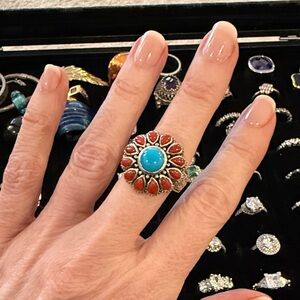 CAROLYN POLLACK AMERICAN WEST SOUTHWEST STERLING TURQUOISE & CORAL RING SZ7 LNC